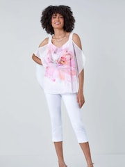 Roman White Floral Print Cold Shoulder Overlay Top - Image 4 of 5
