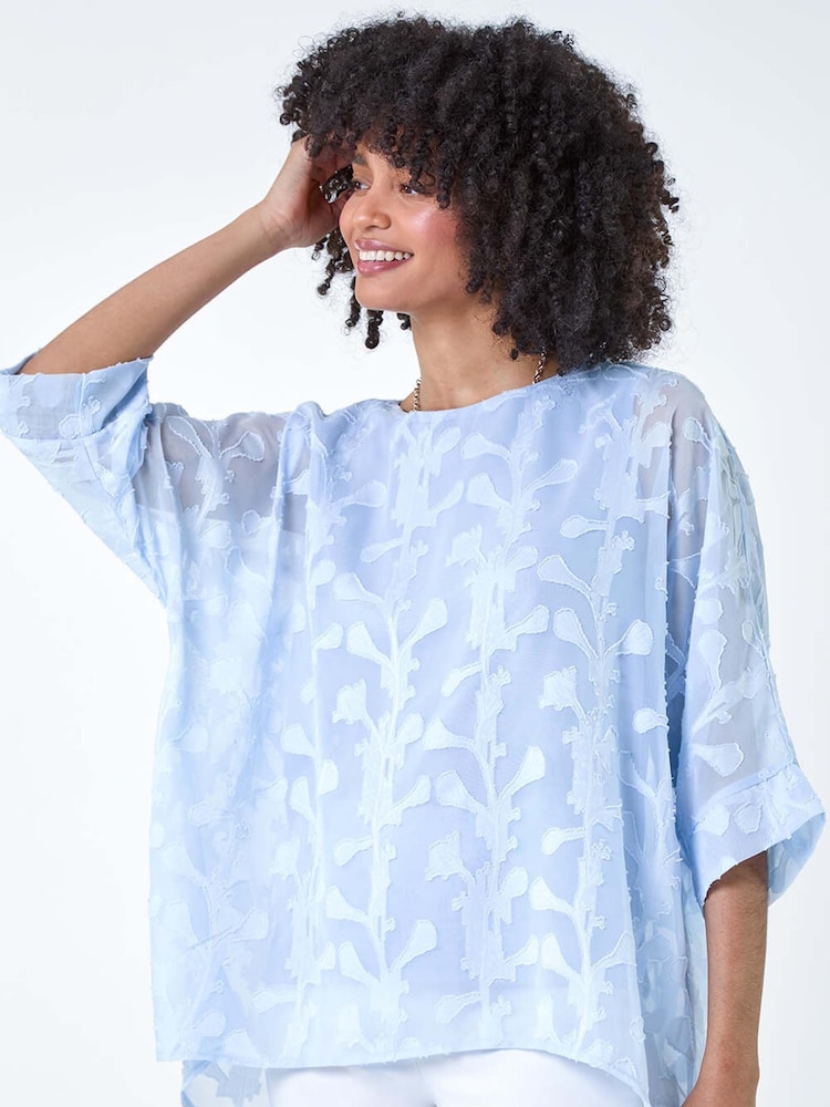 Roman Blue Burnout Floral Dipped Hem Overlay Top - Image 1 of 5