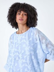 Roman Blue Burnout Floral Dipped Hem Overlay Top - Image 4 of 5