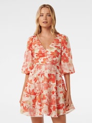 Forever New Red Cindy Tiered Floral Skater Dress with A Touch of Linen - Image 1 of 5