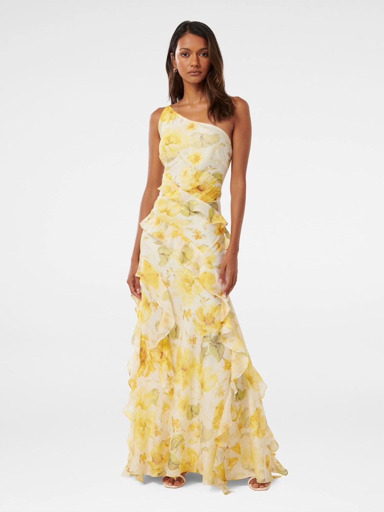 Forever New Yellow Belle Petite One Shoulder Ruffle Gown with A Touch of Linen - Image 1 of 4