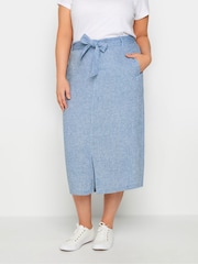 Evans Light Blue Tie Waist Linen Blend Midi Skirt - Image 1 of 2