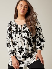 Evans Floral Tie Neck Black Blouse - Image 1 of 5