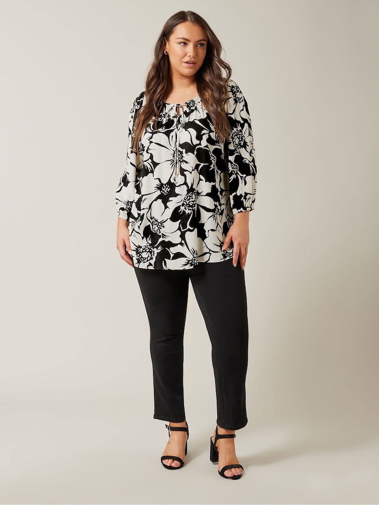 Evans Floral Tie Neck Black Blouse - Image 2 of 5