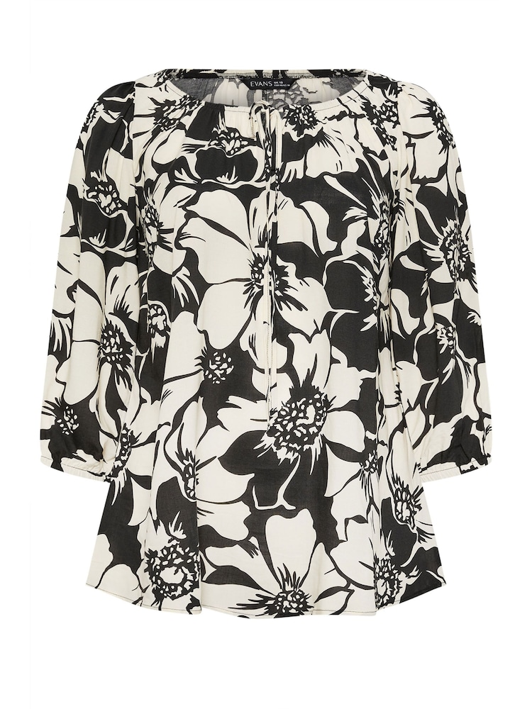 Evans Floral Tie Neck Black Blouse - Image 5 of 5 Evans Floral Tie Neck Black Blouse - Image 5 of 5