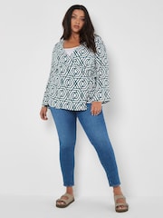 Apricot Green Retro Geo Bell Sleeve Wrap Top - Image 1 of 3