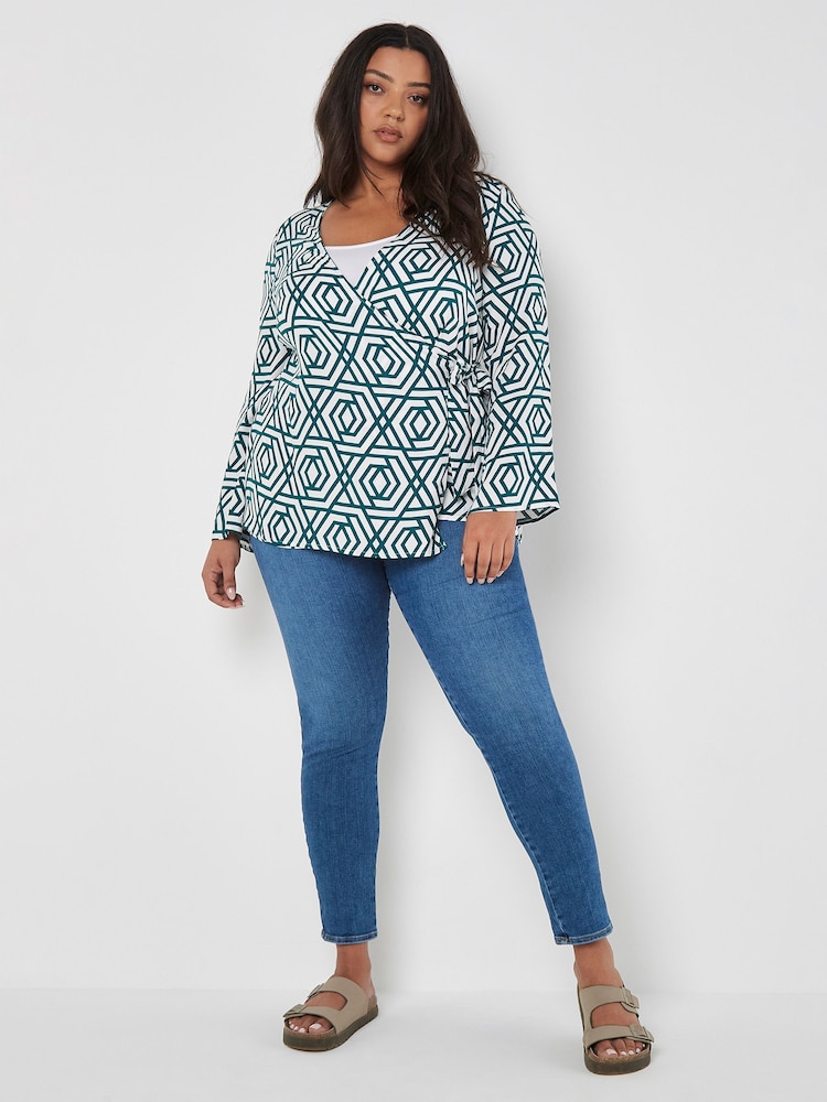 Apricot Green Retro Geo Bell Sleeve Wrap Top - Image 1 of 3 Apricot Green Retro Geo Bell Sleeve Wrap Top - Image 1 of 3