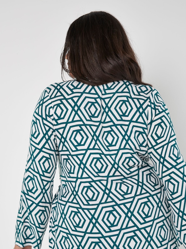 Apricot Green Retro Geo Bell Sleeve Wrap Top - Image 3 of 3 Apricot Green Retro Geo Bell Sleeve Wrap Top - Image 3 of 3