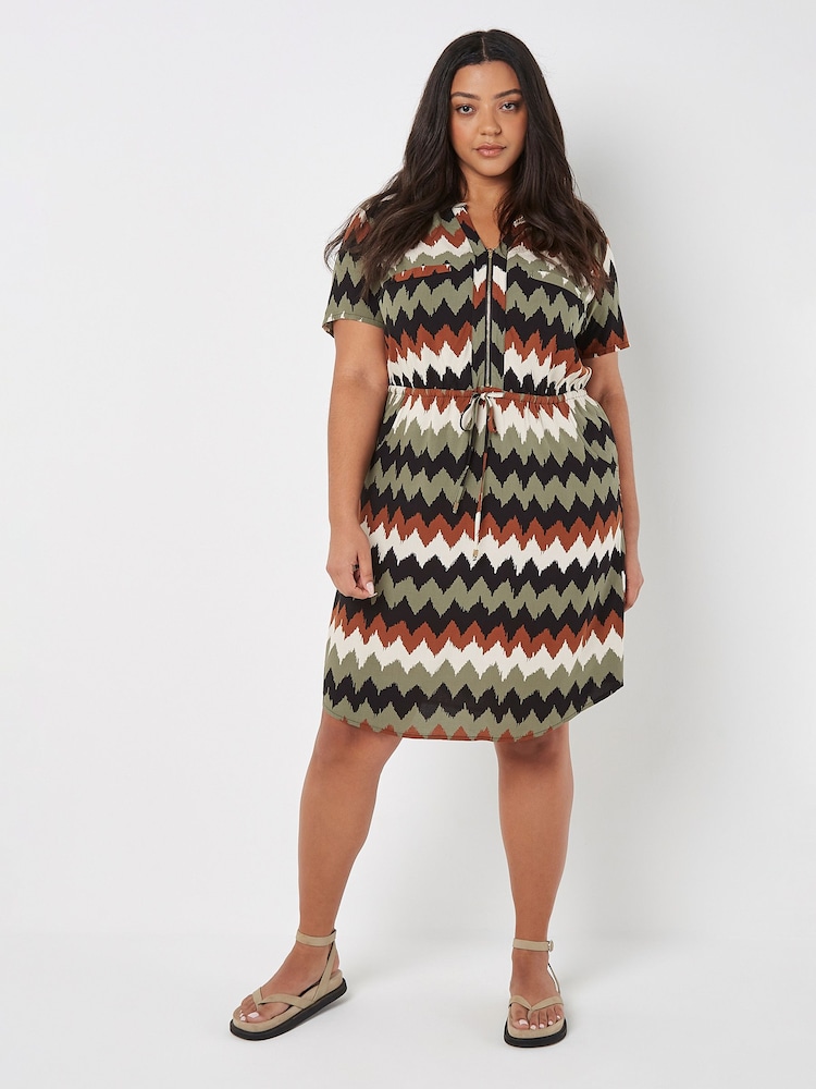 Apricot Green Chevron Zip Front Drawstring Dress - Image 1 of 1