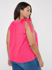 Apricot Pink Textured Bow Tie Shoulder Top With Linen - Image 3 of 3