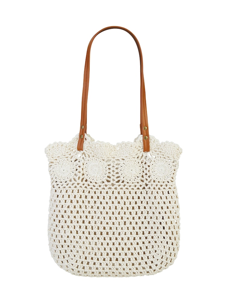 Yumi Natural Handmade Crochet Shoulder 100% Cotton Bag With Faux Fur Leather Straps - Image 3 of 3