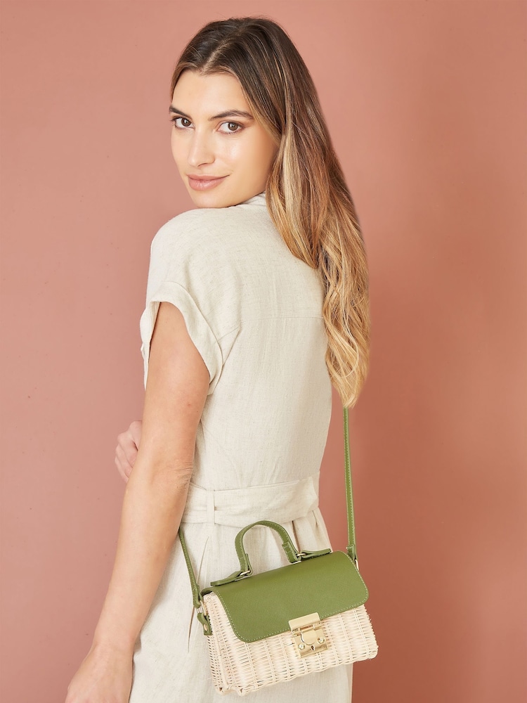 Yumi Green Faux Fur Leather Rattan Bag With Handle And Shoulder Strap - Image 1 of 2