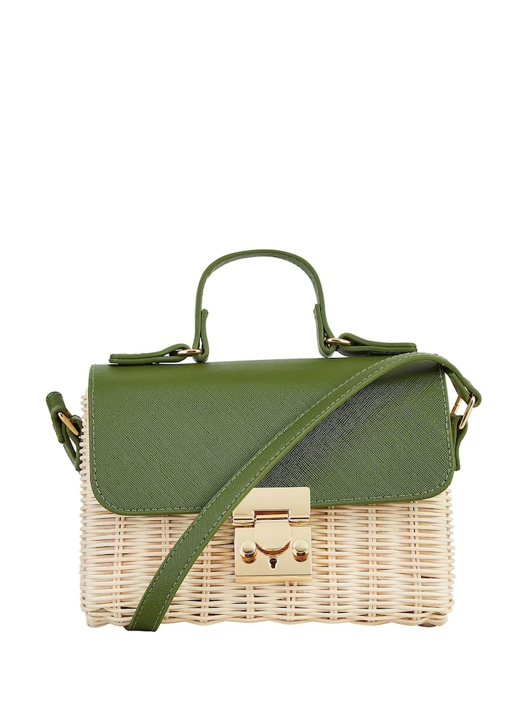 Yumi Green Faux Fur Leather Rattan Bag With Handle And Shoulder Strap - Image 2 of 2