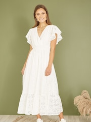 Mela White 100% Cotton Broderie Anglaise Wrap Midi Dress - Image 1 of 5