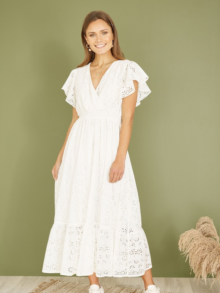 Mela White 100% Cotton Broderie Anglaise Wrap Midi Dress - Image 1 of 5