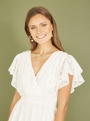 Mela White 100% Cotton Broderie Anglaise Wrap Midi Dress - Image 3 of 5
