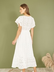Mela White 100% Cotton Broderie Anglaise Wrap Midi Dress - Image 4 of 5