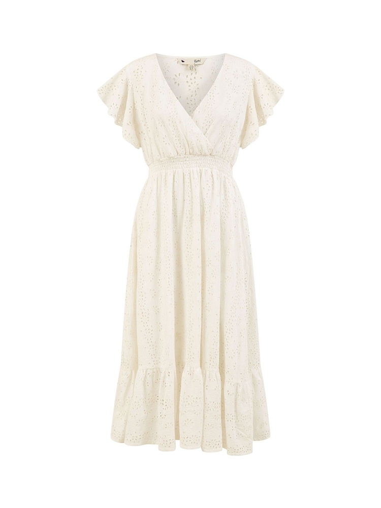 Mela White 100% Cotton Broderie Anglaise Wrap Midi Dress - Image 5 of 5