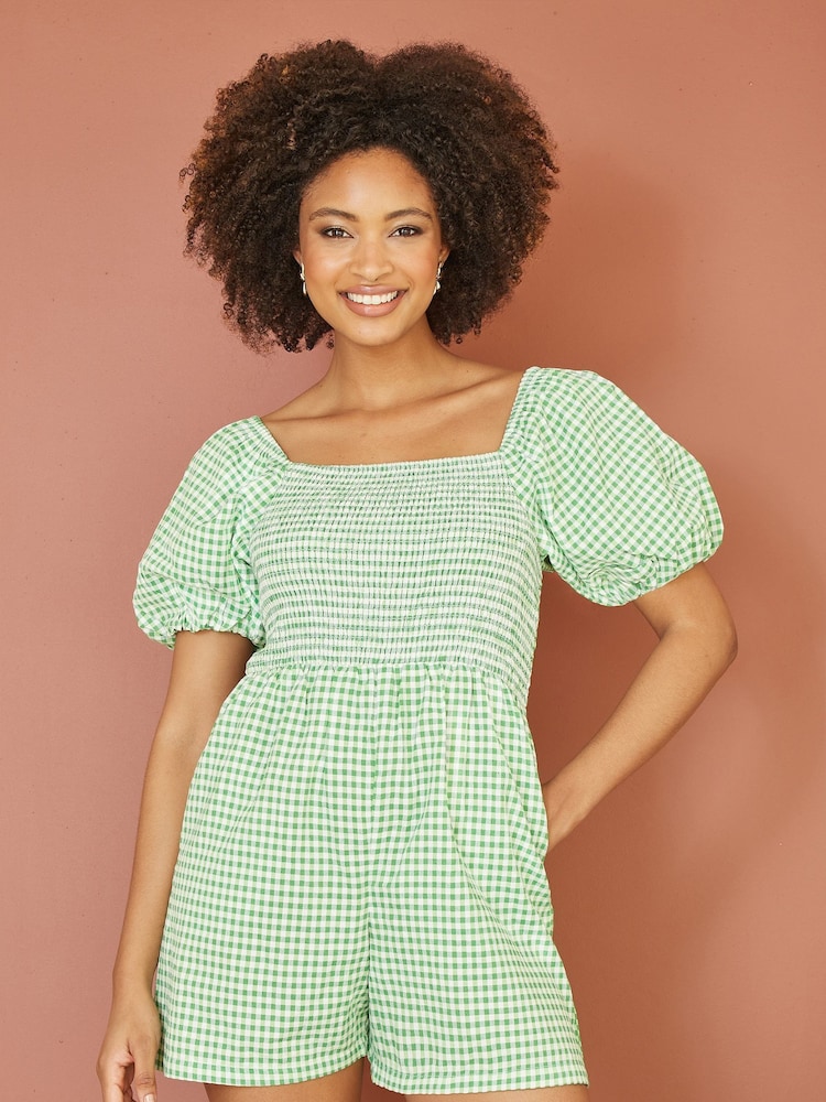 Yumi 100% Cotton Carouri Gingham Mânecă bufantă Combinezon - Imaginea 2 din 5
