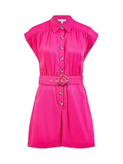 Yumi Pink Twill Cotton Button Up Playsuit With Matching Belt - Image 4 of 4