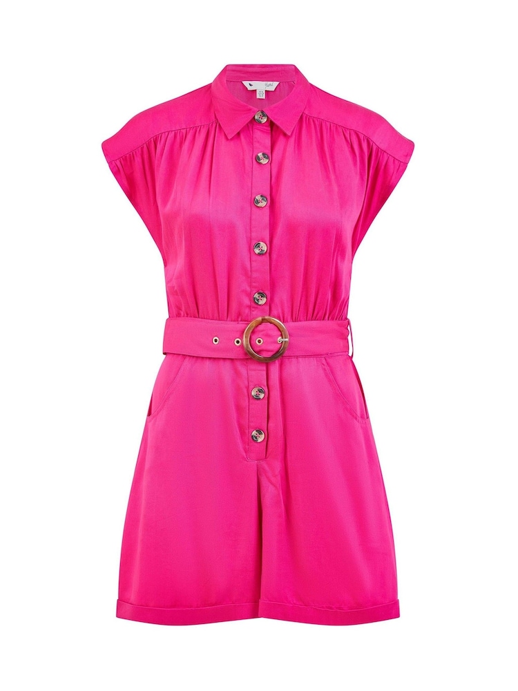 Yumi Pink Twill Cotton Button Up Playsuit With Matching Belt - Image 4 of 4