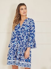 Yumi Blue Ikat Print 3/4 Sleeve Tunic Dress - Image 1 of 4