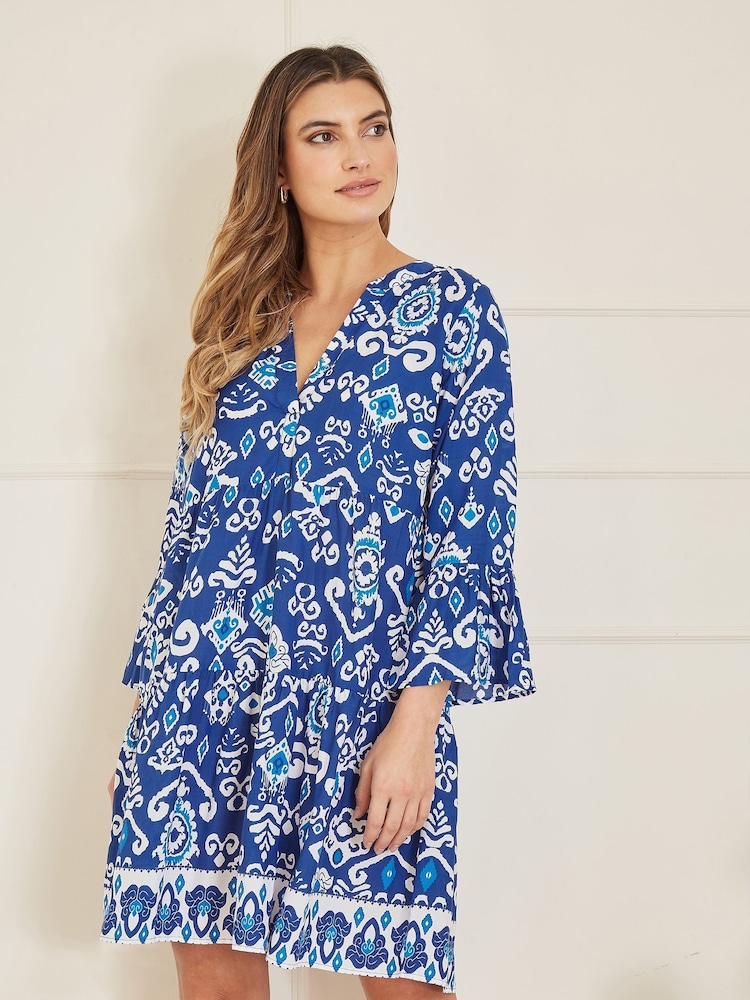 Yumi Blue Ikat Print 3/4 Sleeve Tunic Dress - Image 1 of 4