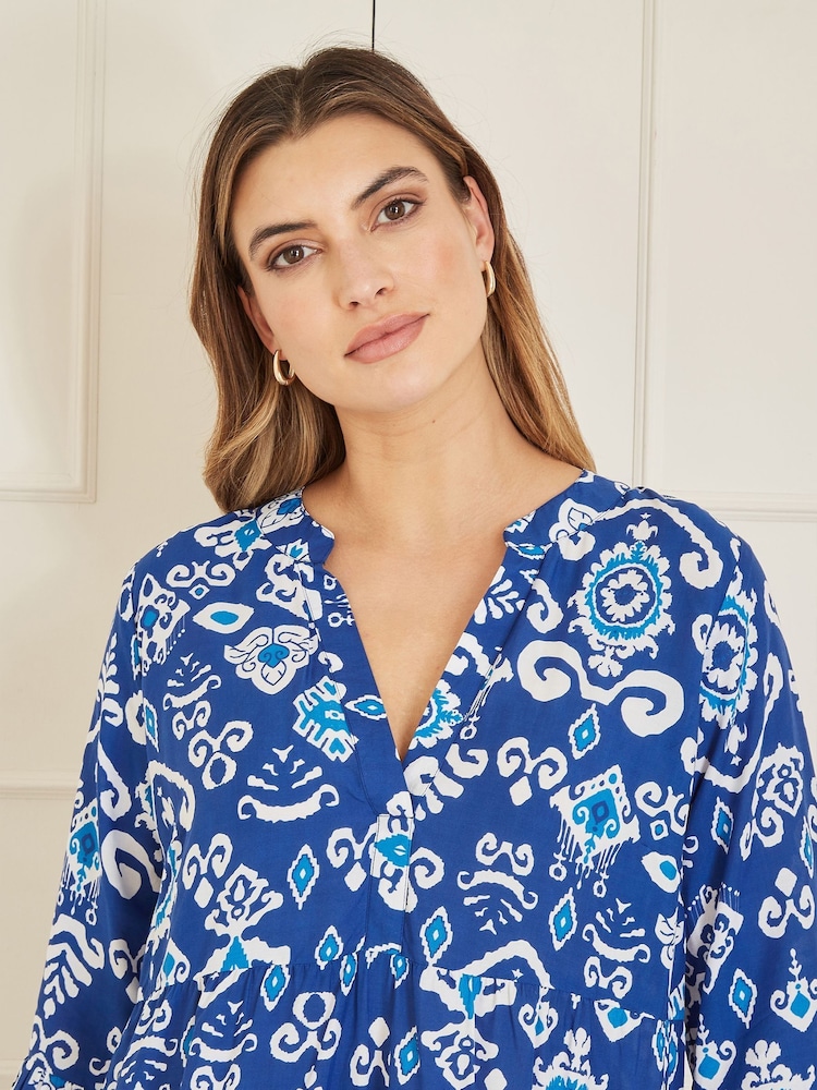 Yumi Blue Ikat Print 3/4 Sleeve Tunic Dress - Image 2 of 4