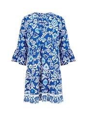Yumi Blue Ikat Print 3/4 Sleeve Tunic Dress - Image 4 of 4