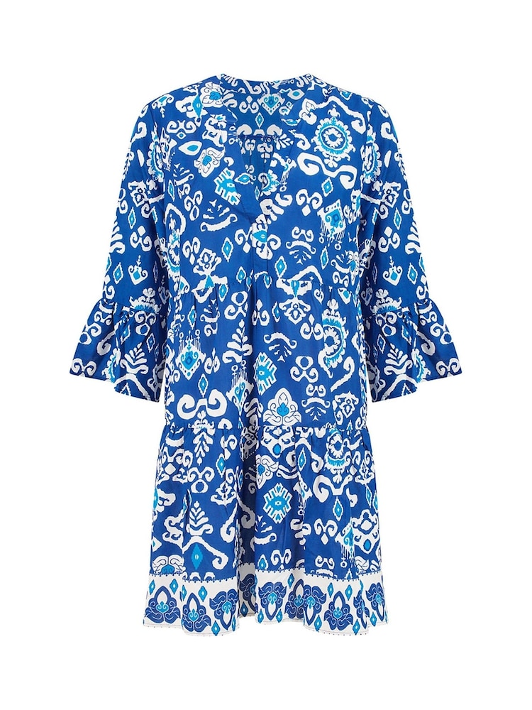Yumi Blue Ikat Print 3/4 Sleeve Tunic Dress - Image 4 of 4