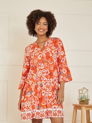 Yumi Orange Ikat Print 3/4 Sleeve Tunic Dress - Image 1 of 5
