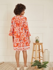 Yumi Orange Ikat Print 3/4 Sleeve Tunic Dress - Image 2 of 5