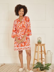 Yumi Orange Ikat Print 3/4 Sleeve Tunic Dress - Image 4 of 5