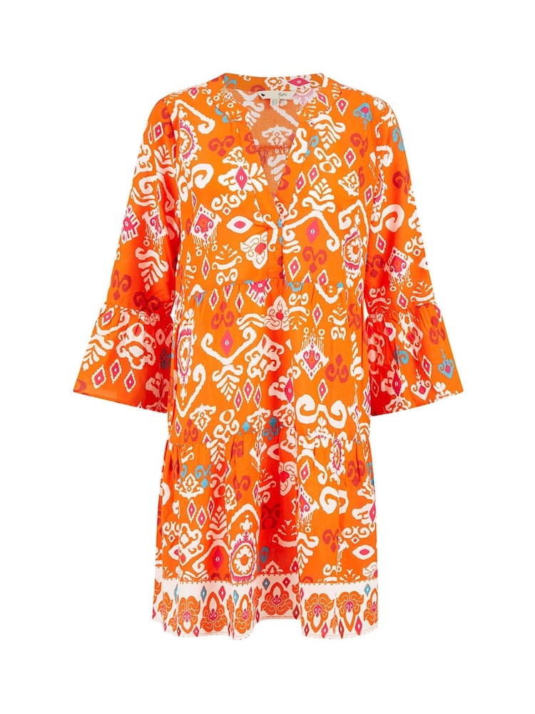 Yumi Orange Ikat Print 3/4 Sleeve Tunic Dress - Image 5 of 5