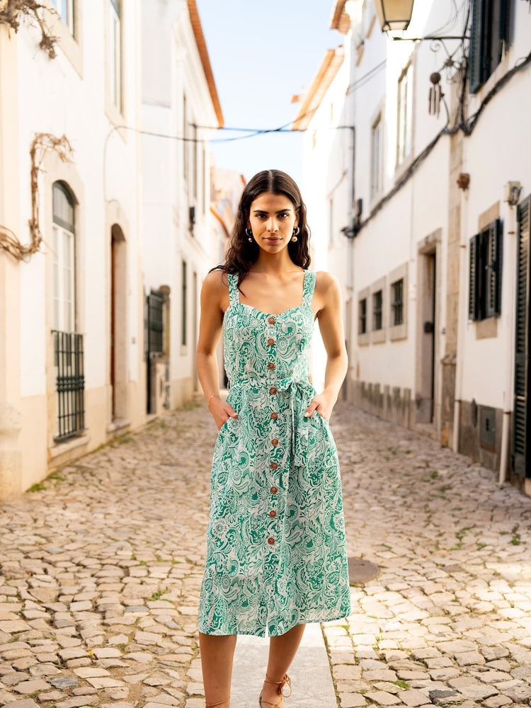 Yumi Green Paisley Leaf Print Midi Sundress - Image 1 of 1 Yumi Green Paisley Leaf Print Midi Sundress - Image 1 of 1
