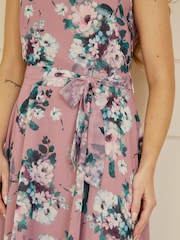 Yumi Pink Watercolour Floral Midi Skater Dress - Image 3 of 5