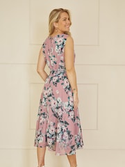 Yumi Pink Watercolour Floral Midi Skater Dress - Image 4 of 5
