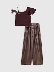 River Island Brown Metallic Asymmetric Top &  Trouser Set - Image 2 of 5