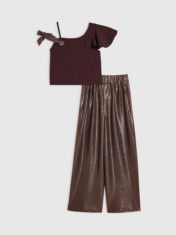 River Island Brown Metallic Asymmetric Top &  Trouser Set - Image 2 of 5