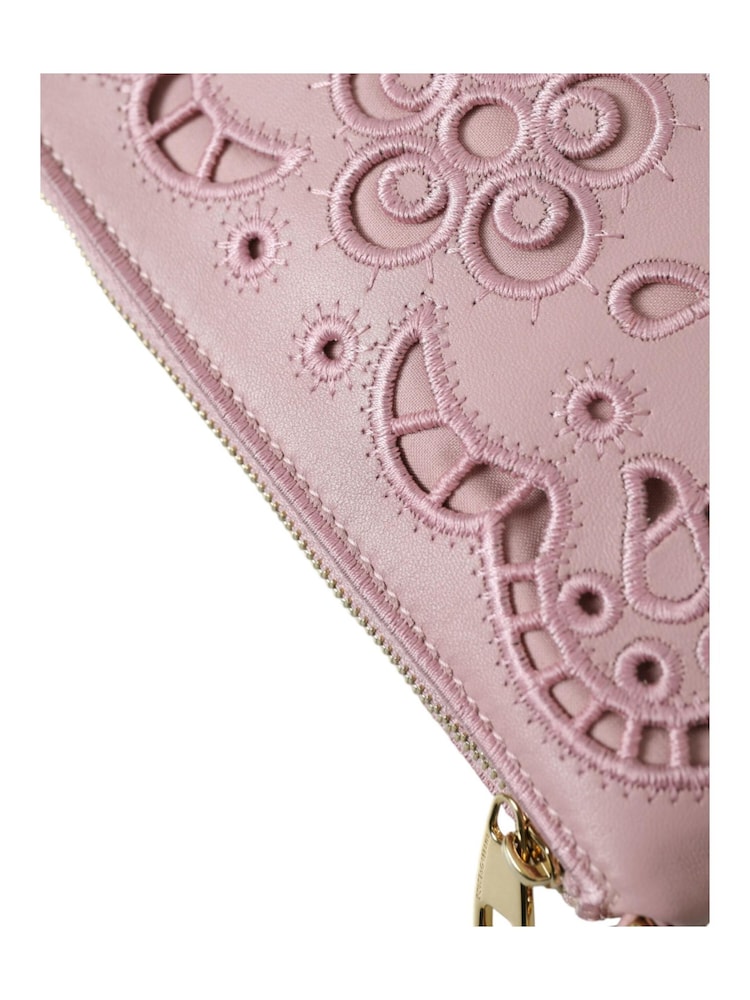 Dolce & Gabbana Pink Leather Chain Handle Floral Embroidered Clutch - Image 6 of 6
