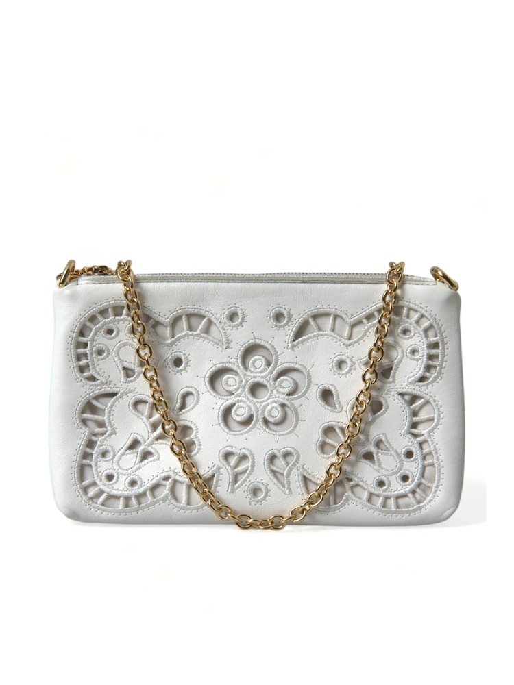 Dolce & Gabbana Leather Embroidered Crossbody White Bag with Gold Tone Chain Handle - Image 1 of 6