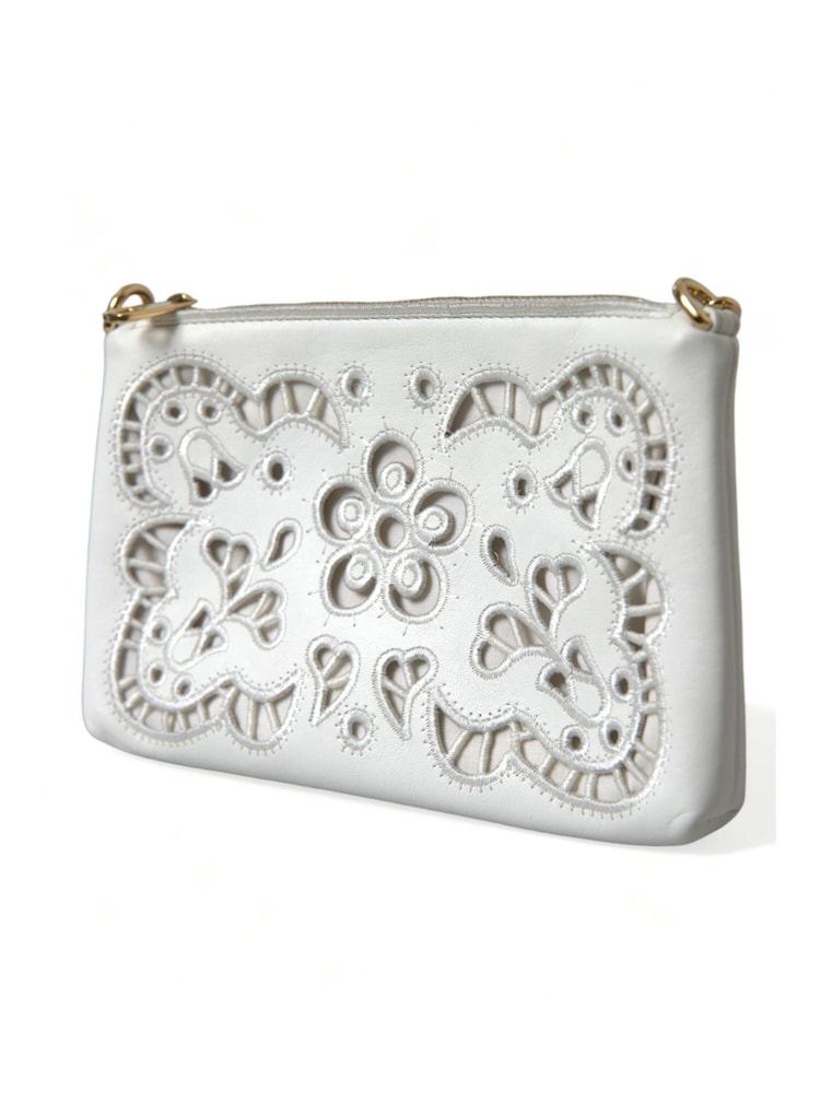 Dolce & Gabbana Leather Embroidered Crossbody White Bag with Gold Tone Chain Handle - Image 2 of 6
