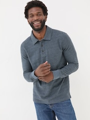 FatFace Navy Herringbone Long Sleeve Polo Shirt - Image 1 of 8