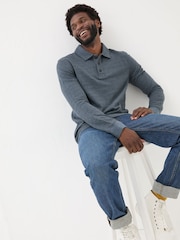 FatFace Navy Herringbone Long Sleeve Polo Shirt - Image 4 of 8