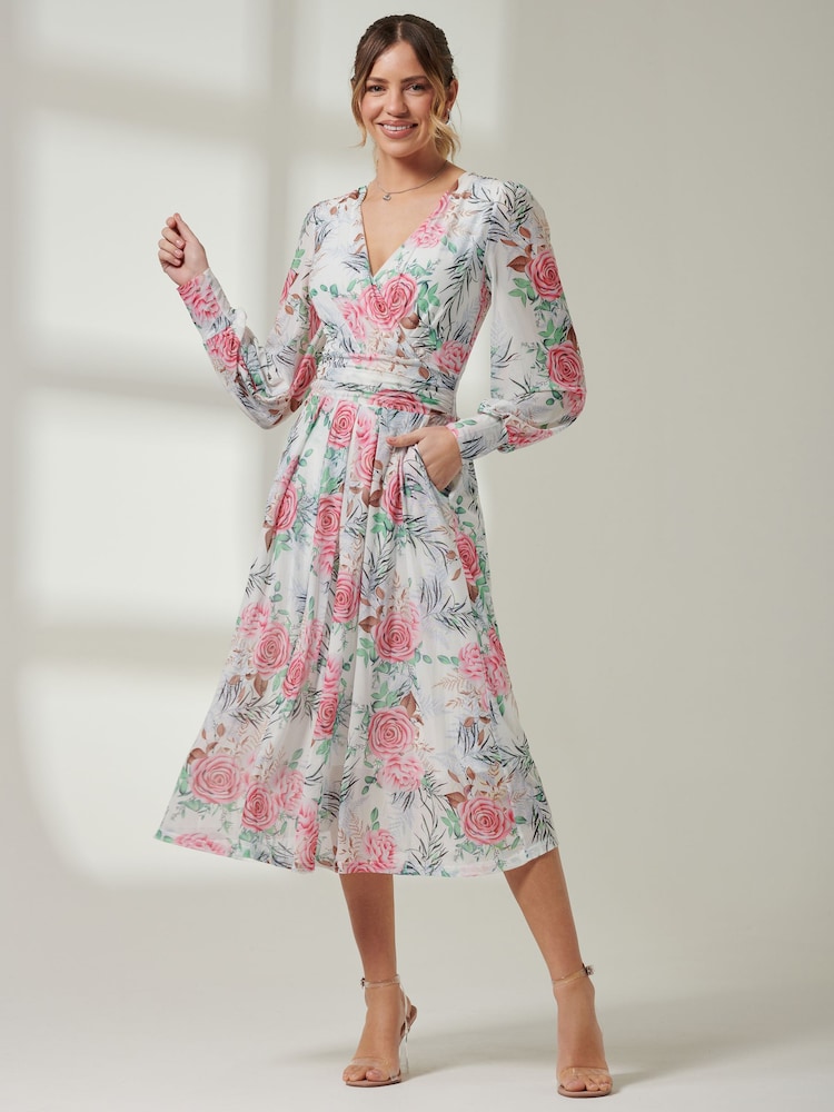 Jolie Moi White/Pink Long sleeve Floral Print Dress - Image 1 of 1