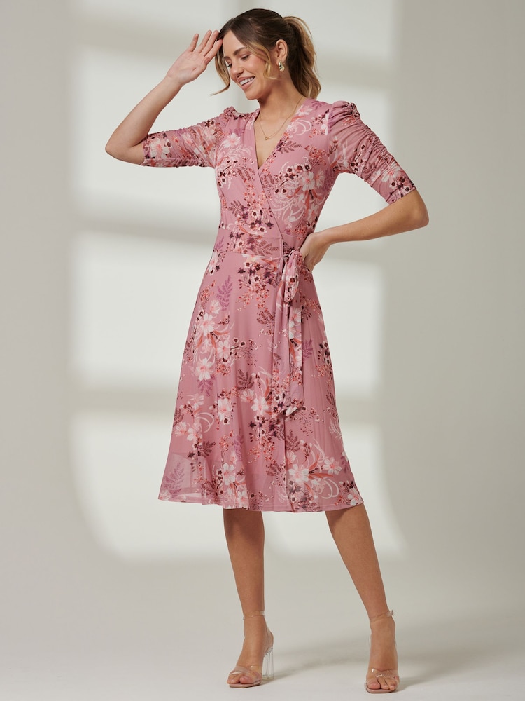 Jolie Moi Pink Front Wrap Mesh Midi Dress - Image 1 of 6