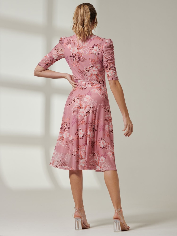 Jolie Moi Pink Front Wrap Mesh Midi Dress - Image 2 of 6 Jolie Moi Pink Front Wrap Mesh Midi Dress - Image 2 of 6