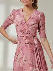 Jolie Moi Pink Front Wrap Mesh Midi Dress - Image 3 of 6