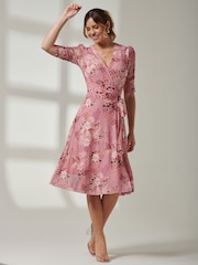 Jolie Moi Pink Front Wrap Mesh Midi Dress - Image 5 of 6