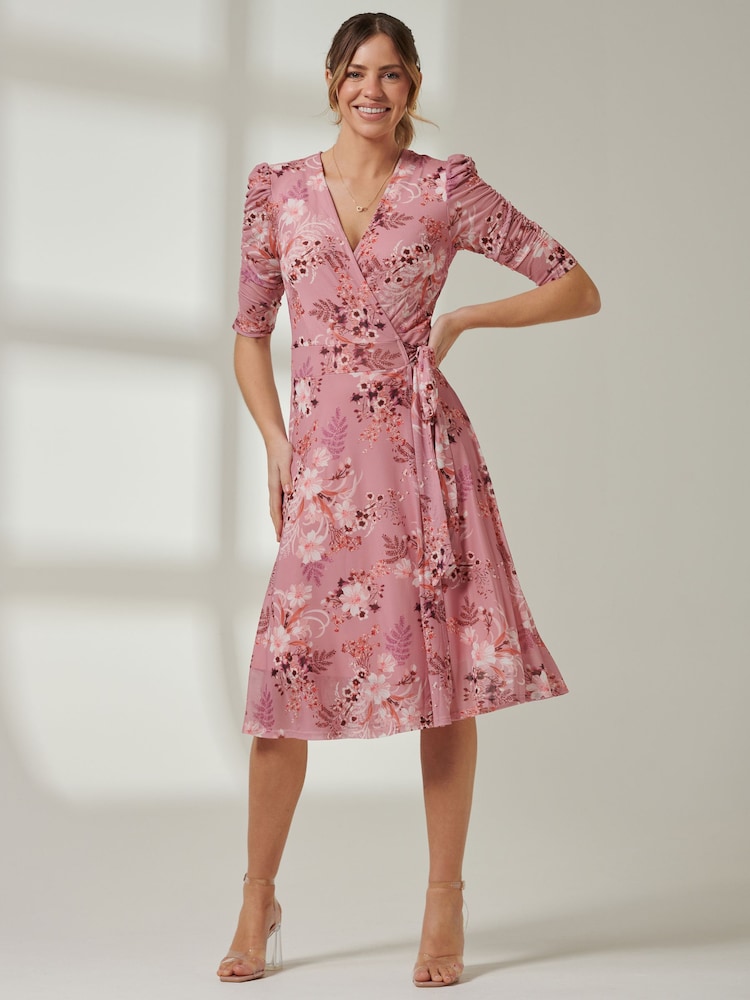 Jolie Moi Pink Front Wrap Mesh Midi Dress - Image 6 of 6